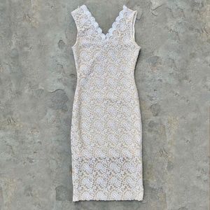 Vintage 1990's White Floral Lace Scalloped Hem Midi Dress